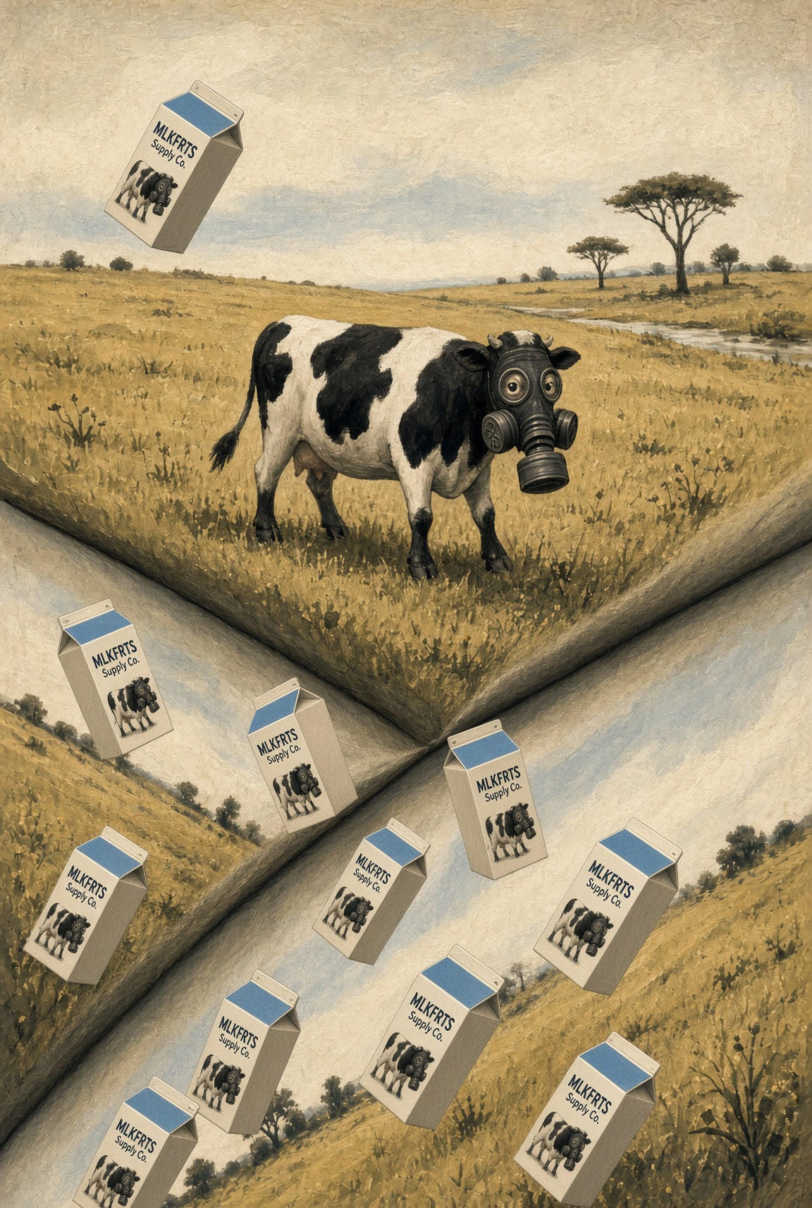 Cow wearing a gas mask on a savanna with acacia trees as the landscape peels back and MLKFRTS milk cartons slide down