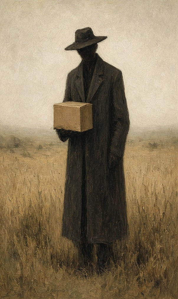A faceless courier in a dark hat and long coat stands in a dry field holding a plain cardboard box